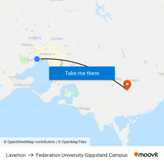 Laverton to Federation University Gippsland Campus map