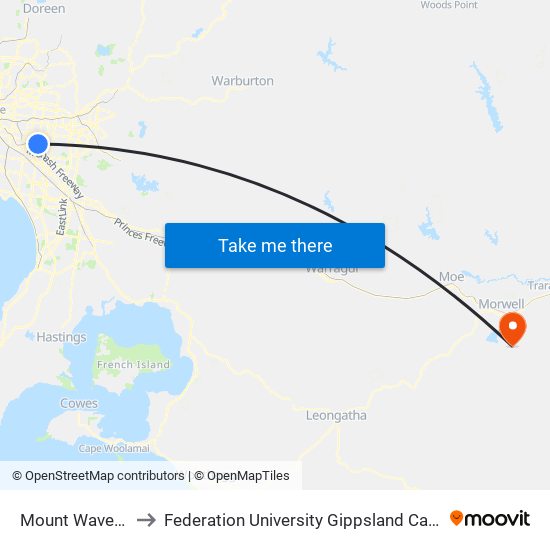 Mount Waverley to Federation University Gippsland Campus map