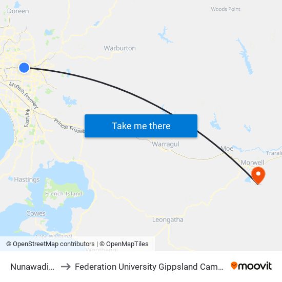 Nunawading to Federation University Gippsland Campus map