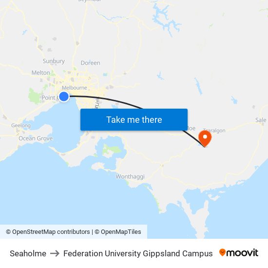 Seaholme to Federation University Gippsland Campus map