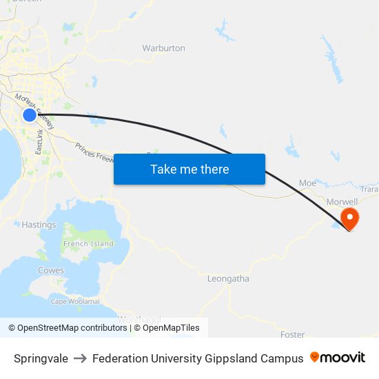 Springvale to Federation University Gippsland Campus map