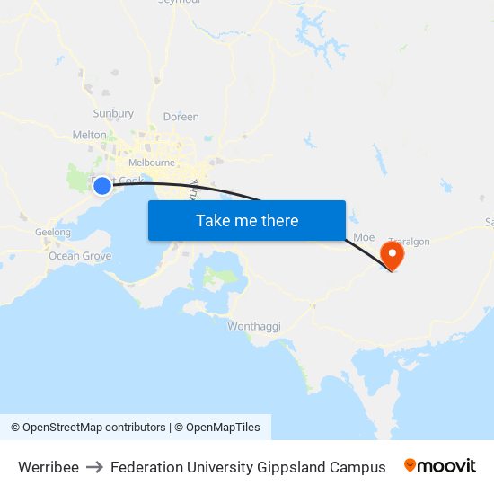 Werribee to Federation University Gippsland Campus map