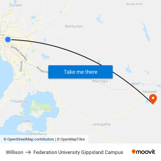 Willison to Federation University Gippsland Campus map