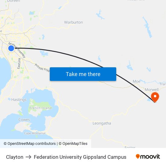 Clayton to Federation University Gippsland Campus map