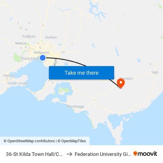 36-St Kilda Town Hall/Carlisle St (St Kilda) to Federation University Gippsland Campus map