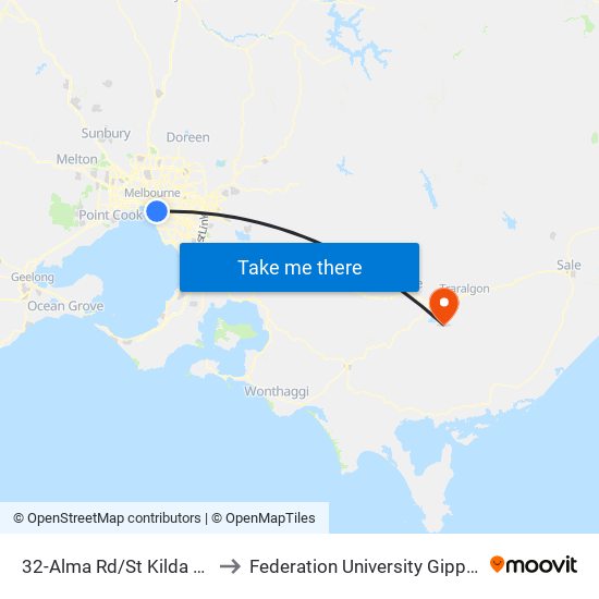 32-Alma Rd/St Kilda Rd (St Kilda) to Federation University Gippsland Campus map