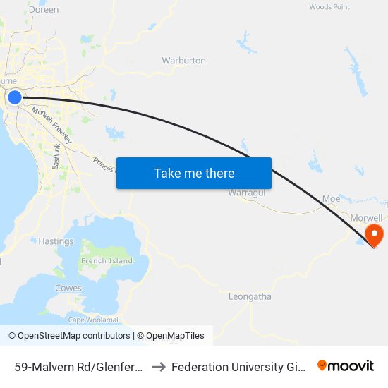 59-Malvern Rd/Glenferrie Rd (Malvern) to Federation University Gippsland Campus map