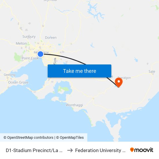 D1-Stadium Precinct/La Trobe St (Docklands) to Federation University Gippsland Campus map