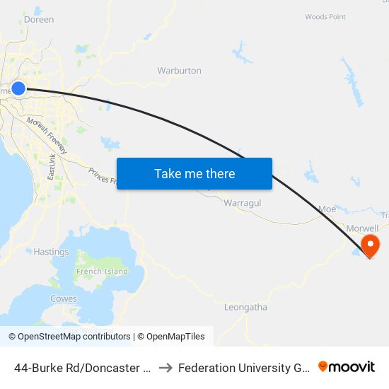 44-Burke Rd/Doncaster Rd (Balwyn North) to Federation University Gippsland Campus map