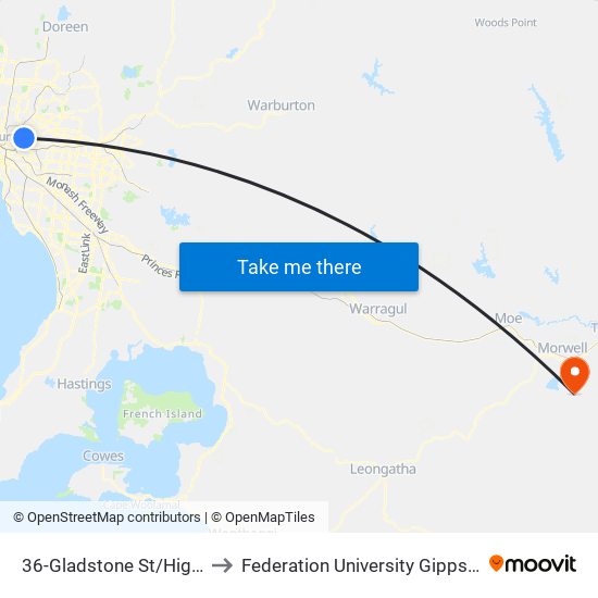 36-Gladstone St/High St (Kew) to Federation University Gippsland Campus map