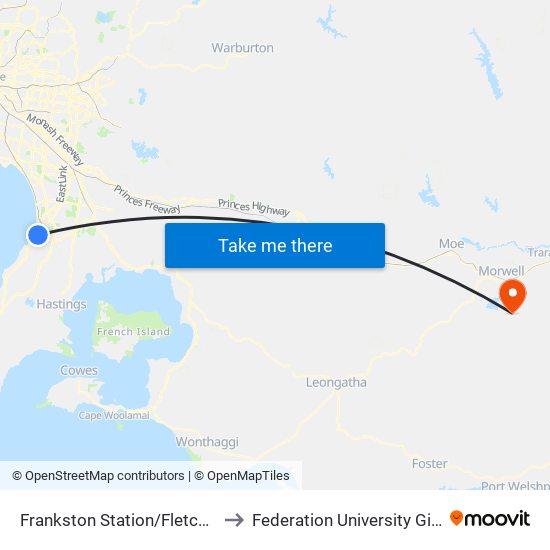 Frankston Station/Fletcher Rd (Frankston) to Federation University Gippsland Campus map