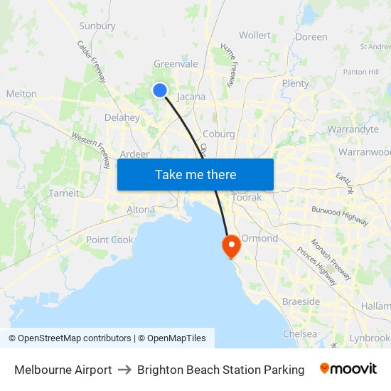 Melbourne Airport to Brighton Beach Station Parking map