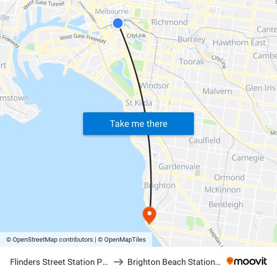 Flinders Street Station Pharmacy to Brighton Beach Station Parking map