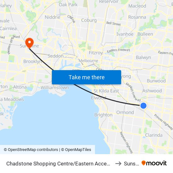 Chadstone Shopping Centre/Eastern Access Rd (Malvern East) to Sunshine map