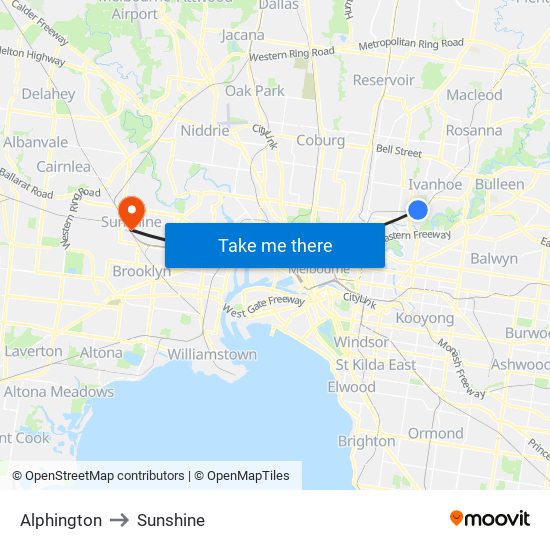 Alphington to Sunshine map