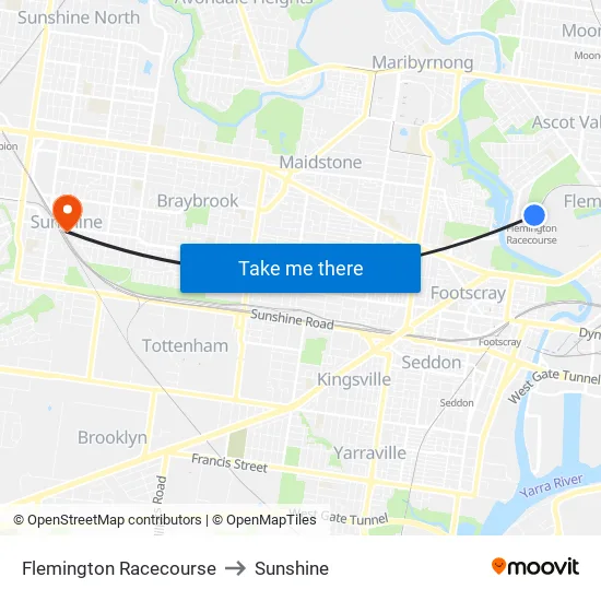 Flemington Racecourse to Sunshine map