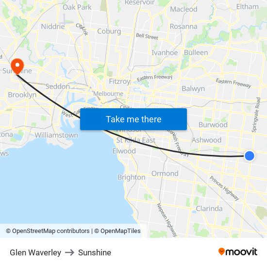 Glen Waverley to Sunshine map