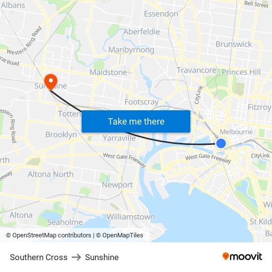 Southern Cross to Sunshine map