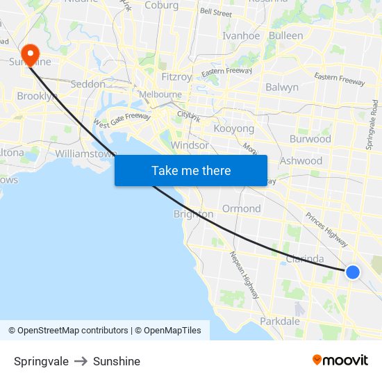 Springvale to Sunshine map