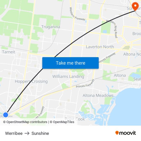 Werribee to Sunshine map