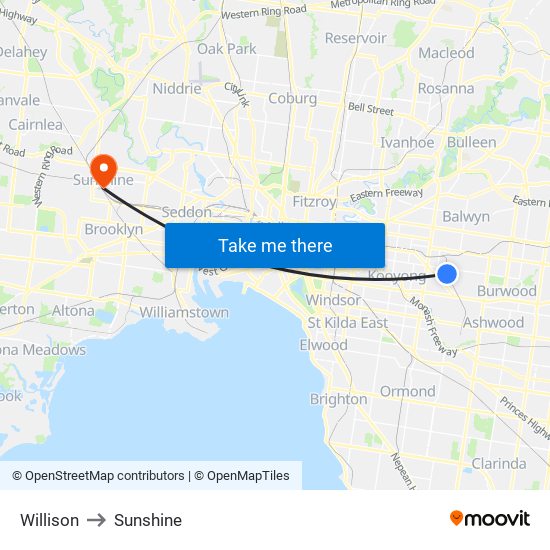 Willison to Sunshine map