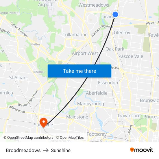 Broadmeadows to Sunshine map