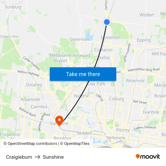 Craigieburn to Sunshine map