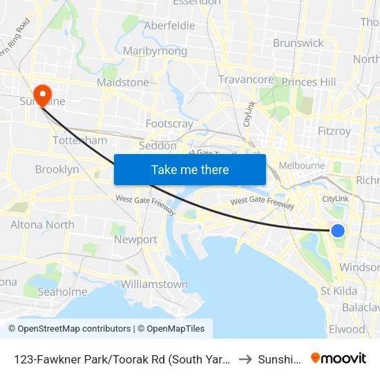 Fawkner Park/Toorak Rd #123 to Sunshine map