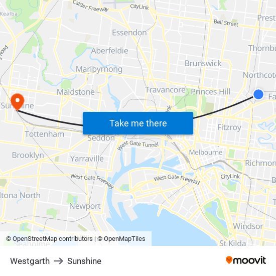 Westgarth to Sunshine map