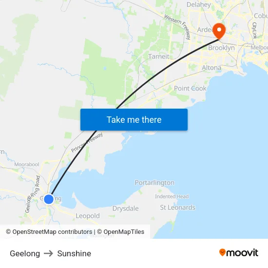 Geelong to Sunshine map