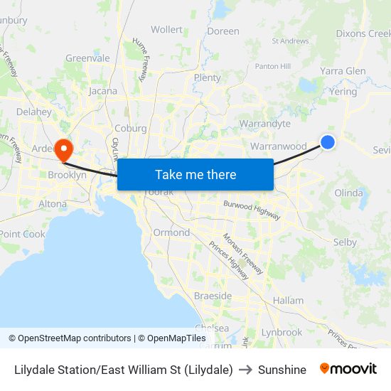 Lilydale Station/East William St (Lilydale) to Sunshine map