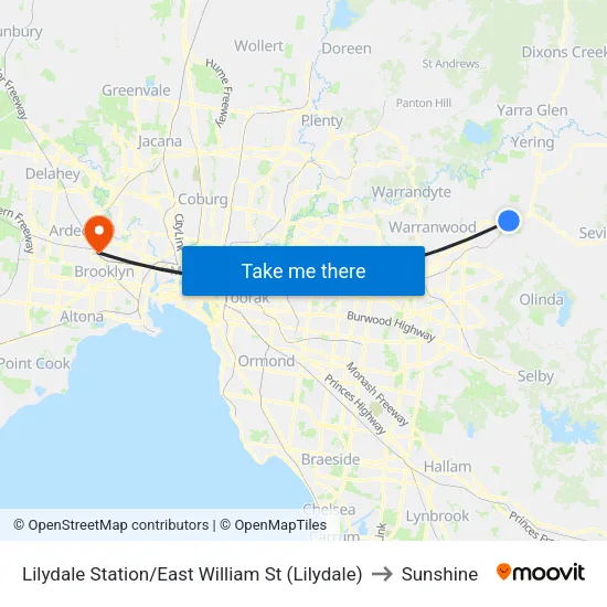 Lilydale Station/East William St to Sunshine map