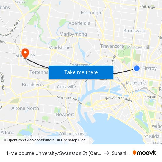 1-Melbourne University/Swanston St (Carlton) to Sunshine map