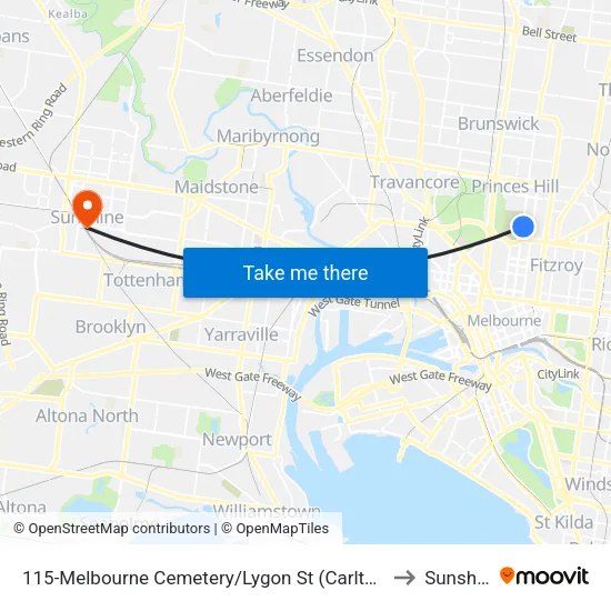 Melbourne Cemetery/Lygon St #115 to Sunshine map