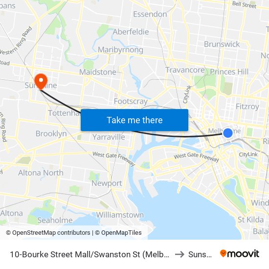 10-Bourke Street Mall/Swanston St (Melbourne City) to Sunshine map