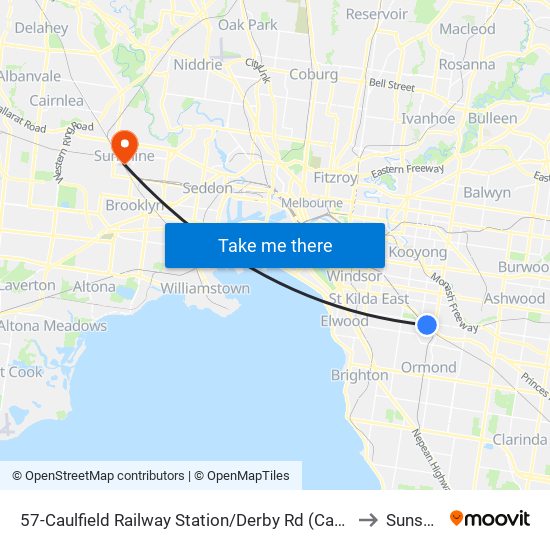 57-Caulfield Railway Station/Derby Rd (Caulfield East) to Sunshine map