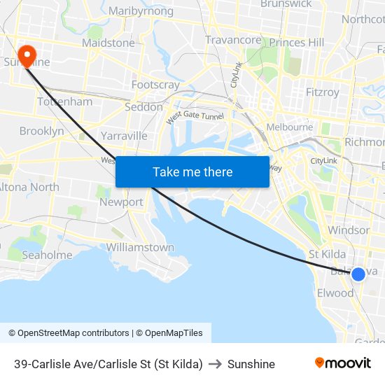 39-Carlisle Ave/Carlisle St (St Kilda) to Sunshine map