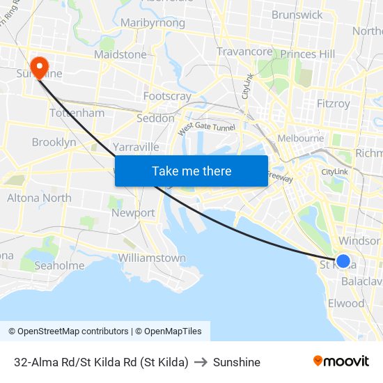 32-Alma Rd/St Kilda Rd (St Kilda) to Sunshine map