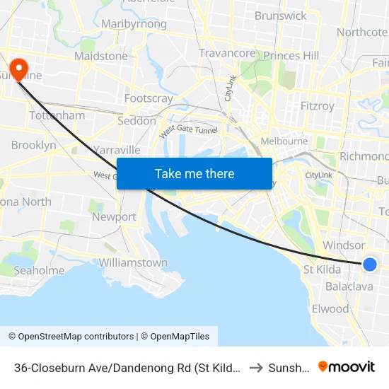Closeburn Ave/Dandenong Rd #36 to Sunshine map