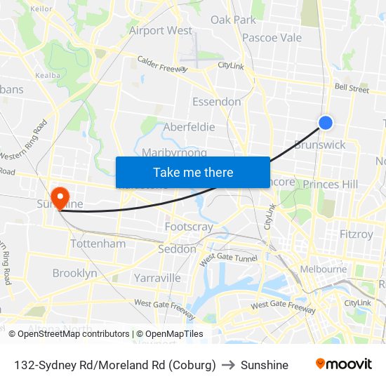 132-Sydney Rd/Moreland Rd (Coburg) to Sunshine map