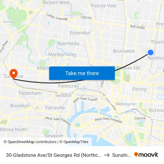 Gladstone Ave/St Georges Rd #30 to Sunshine map
