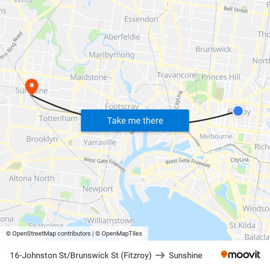 16-Johnston St/Brunswick St (Fitzroy) to Sunshine map