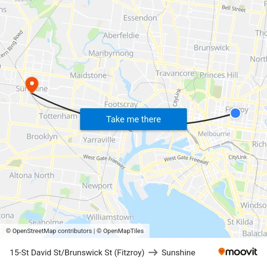 St David St/Brunswick St #15 to Sunshine map