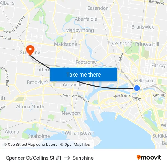 Spencer St/Collins St #1 to Sunshine map