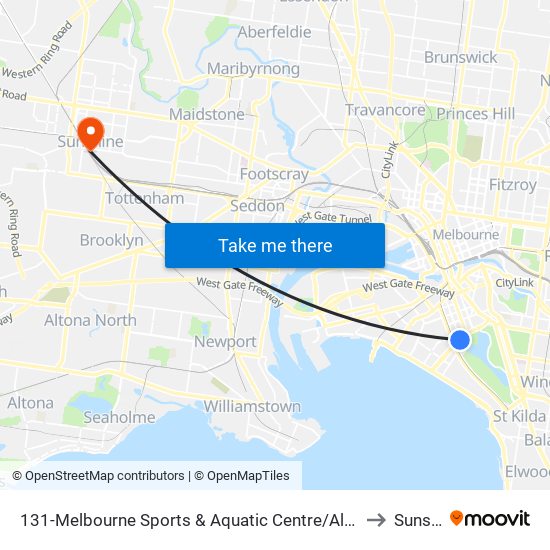 131-Melbourne Sports & Aquatic Centre/Albert Rd (Albert Park) to Sunshine map