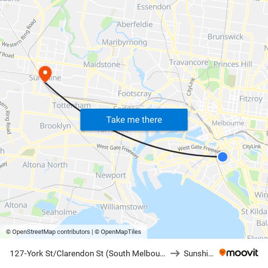 127-York St/Clarendon St (South Melbourne) to Sunshine map