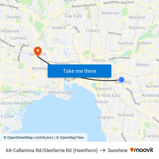 68-Callantina Rd/Glenferrie Rd (Hawthorn) to Sunshine map