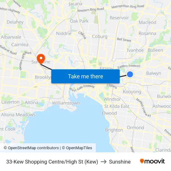 Kew Shopping Centre/High St #33 to Sunshine map