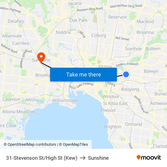 31-Stevenson St/High St (Kew) to Sunshine map