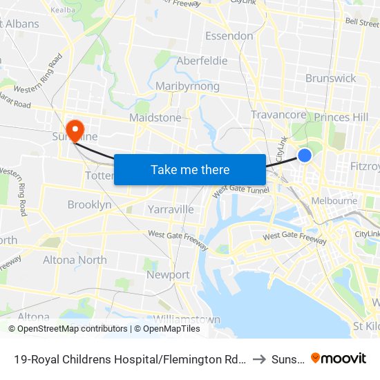 19-Royal Childrens Hospital/Flemington Rd (North Melbourne) to Sunshine map